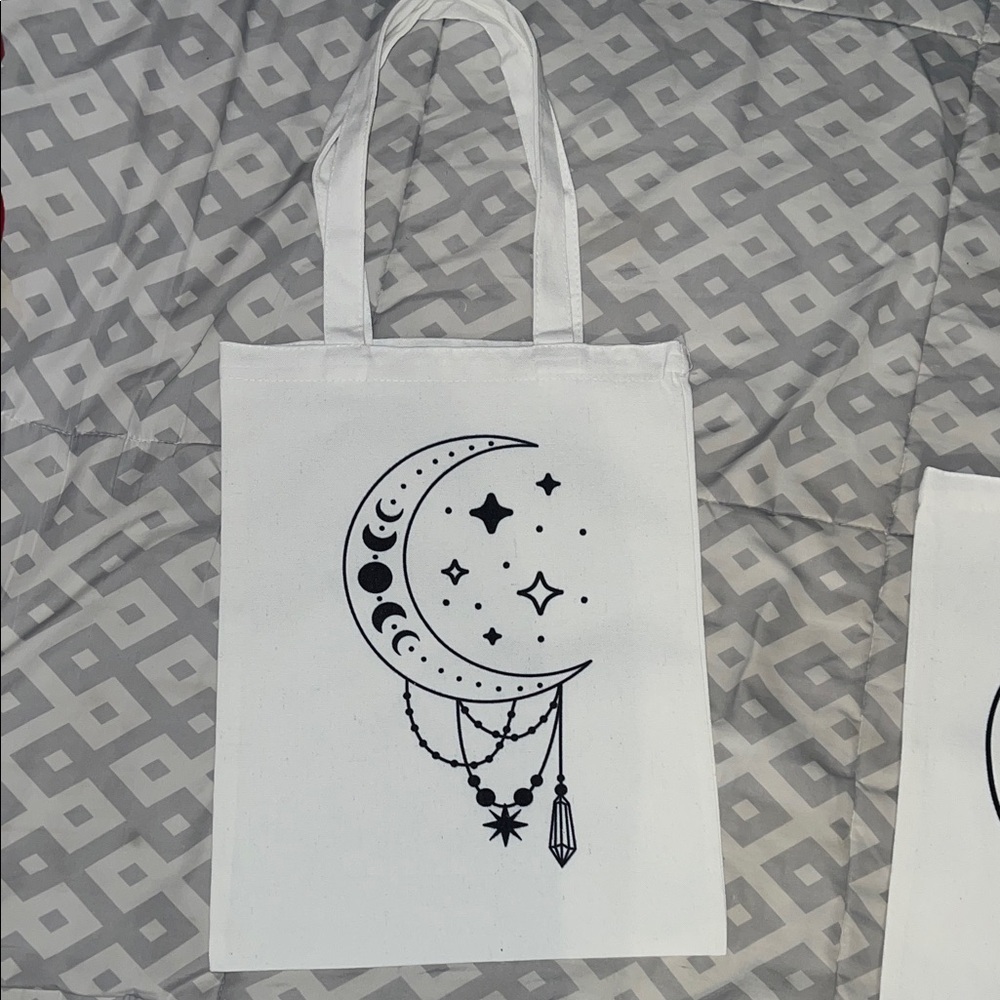 White Canvas Tote Bag with Black Celestial Design